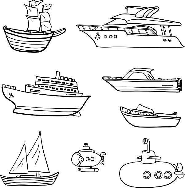 Boat Ship Yacht in black and white Boat, Ship. Yacht in sketch style, black and white cycling bicycle pencil drawing cyclist stock illustrations