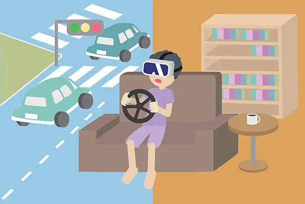 Vector illustration of The boy enjoying playing car games with VR glasses