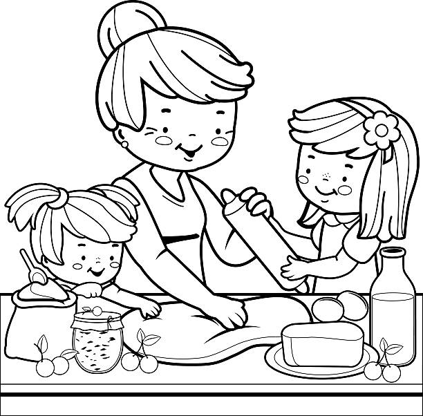 babcia i dzieci gotują w kuchni. strona kolorowanki - grandmother pie cooking baking stock illustrations