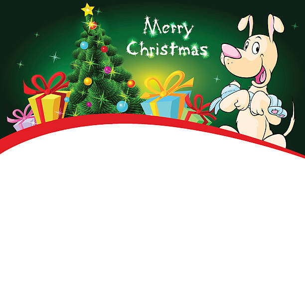 funny xmas design with christmas tree and dog hold doll vector art illustration