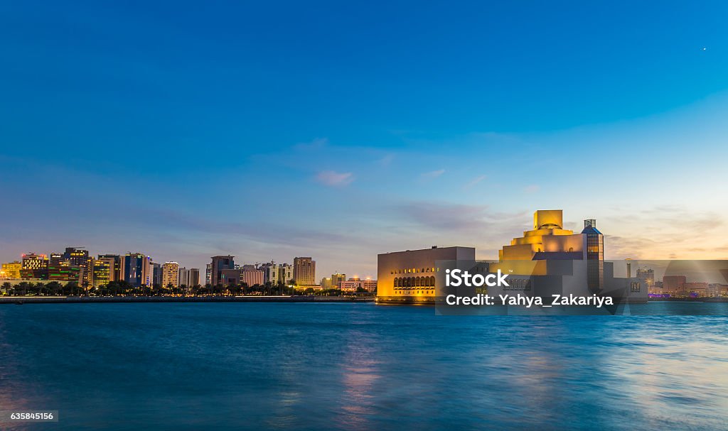 Long Exposure shot of Museum of Islamic Arts -  Doha Qatar The Museum of Islamic Art  is a museum located on the Corniche in the Qatari capital Doha. The iconic building was designed by architect I. M. Pei. Arabia Stock Photo