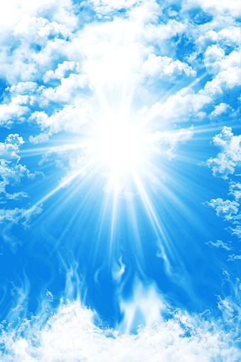 Heaven With Blue Sky, Clouds And Sun Light Background