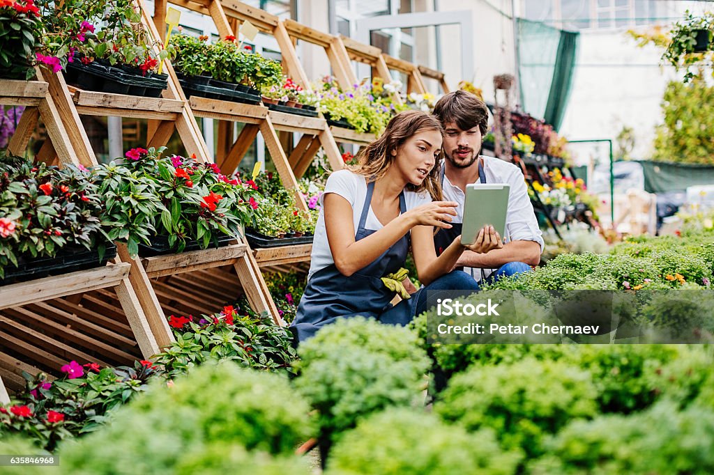 Junge Gärtner mit digitalem Tablet - Lizenzfrei Kleinunternehmen Stock-Foto