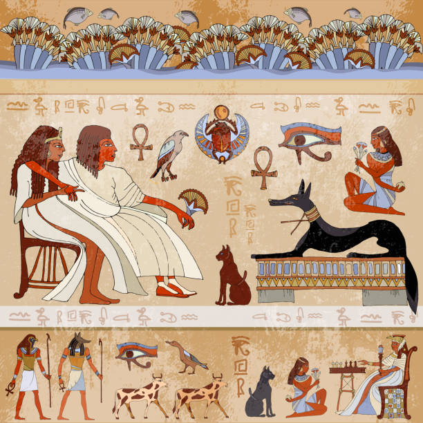 ilustraciones, imágenes clip art, dibujos animados e iconos de stock de escena del antiguo egipto. dioses y faraones egipcios - hieroglyphics egypt egyptian culture nefertiti
