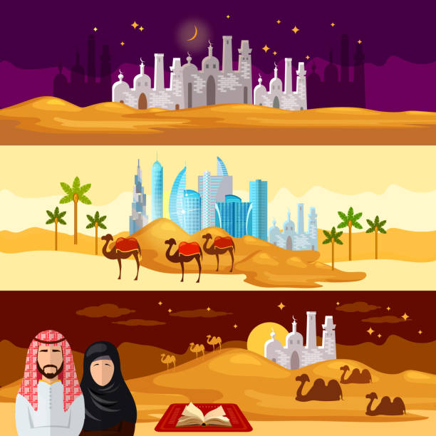 アラブ諸国での生活のバナー - united arab emirates middle eastern ethnicity men camel点のイラスト素材／クリップアート素材／マンガ素材／アイコン素材
