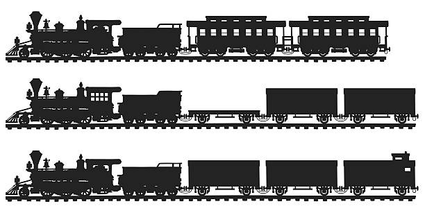 Classic american steam trains Hand drawing of three classic black american steam trains silhouettes - any real models steam train stock illustrations