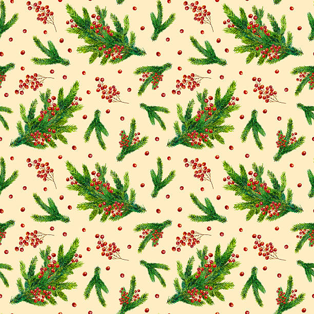 istock Watercolor Xmas pattern with fir branches and red berries 635852116