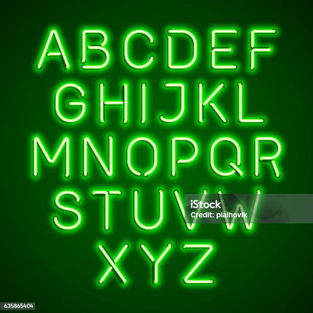 Green Neon Light Glowing Alphabet Stock Illustration - Download Image Now - Neon Colored, Neon Lighting, Alphabet