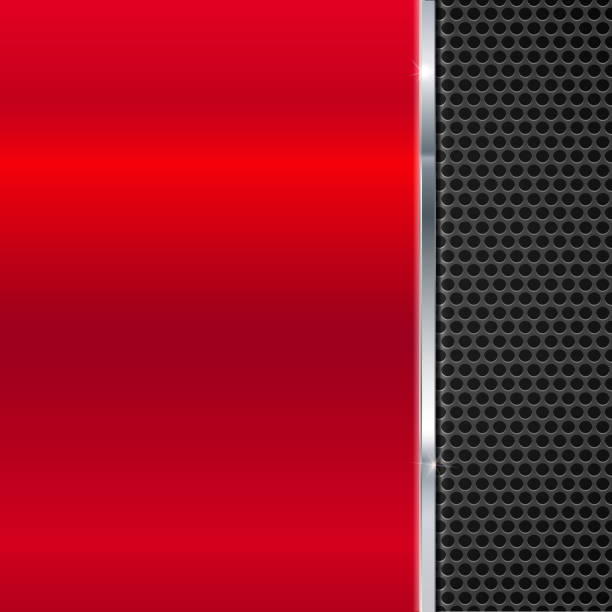 Background of polished red metal and black mesh with strip. Background of polished red metal and black metal mesh with polished metal strip. Technological background for garages, auto shops and just creativity metallic red chrome pattern stock illustrations