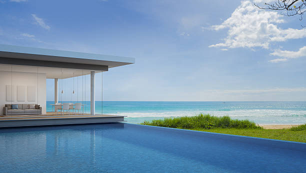 istock Luxury beach house with sea view in modern design 635869628