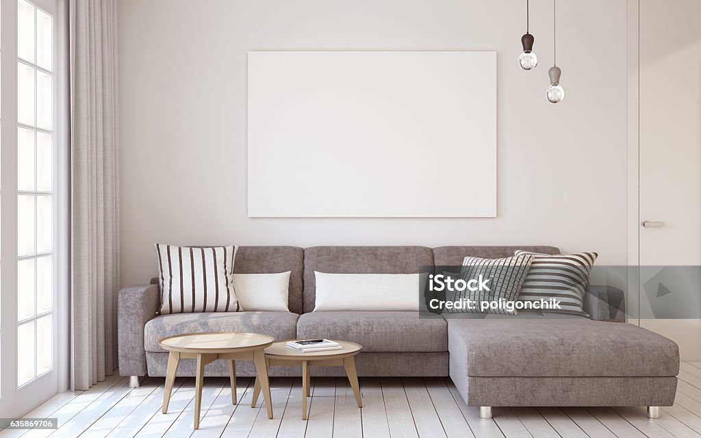 Living-room interior. 3d render. Living-room interior in scandinavian style. Mock-up interior with poster. 3d render. Living Room Stock Photo