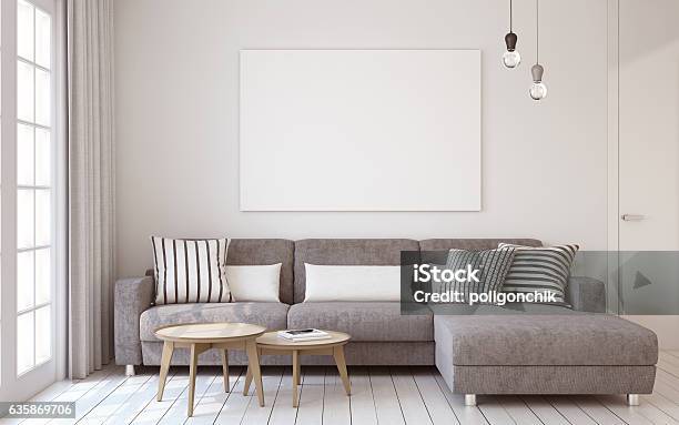 Livingroom Interior 3d Render Stock Photo - Download Image Now - Living Room, Front View, No People