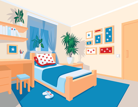 Colorful interior of bedroom in flat cartoon style. Vector illustration of teen bedroom with window, desk, bed, star arts in frames and houseplants. Scene for your artworks, illustrations and design.