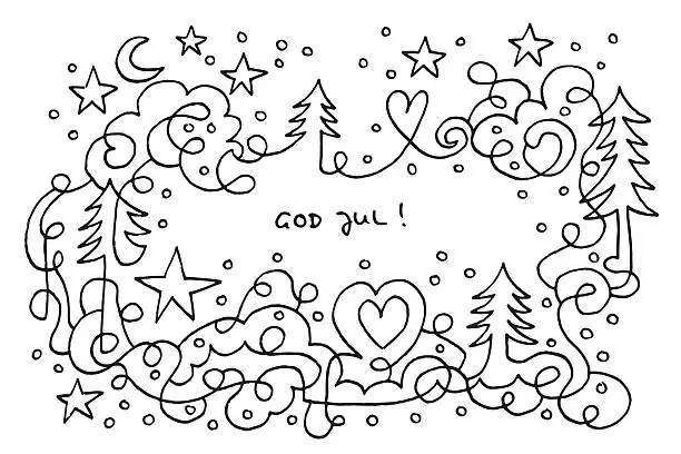 Vector illustration of God Jul Christmas Night Line Art Drawing