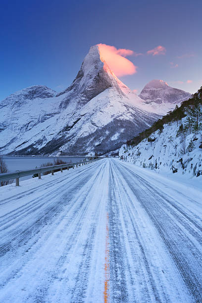 Sunrise at Stetind mountain in Norway on a beautiful cold day in winter.
