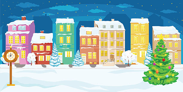 美しいクリスマス冬冬の風景都市。新年グリーティングカード - ウィンターワンダーランド点のイラスト素材／クリップアート素材／マンガ素材／アイコン素材