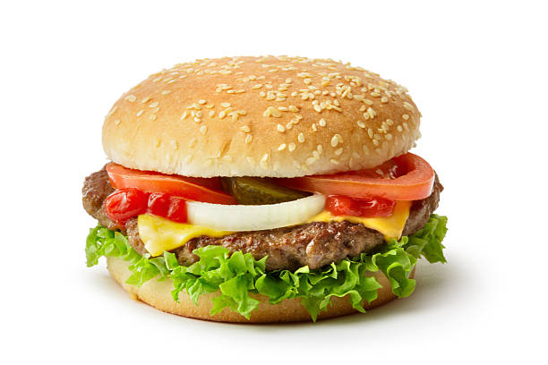 przekąski: hamburger izolowany na białym tle - cheeseburger zdjęcia i obrazy z banku zdjęć