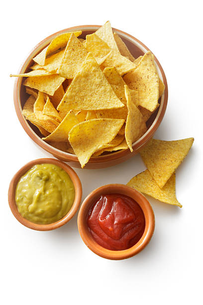 TexMex Food: Nachos, Guacamole and Salsa Isolated on White Background http://www.stefstef.nl/banners2/texmex.jpg nacho chip photos stock pictures, royalty-free photos & images