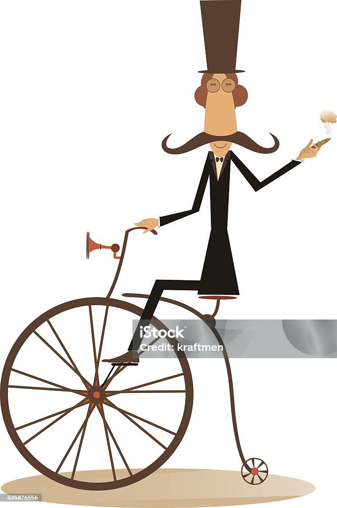 Cartoon man rides a bike Gentleman with mustache, top hat and umbrella rides a retro bike and smoking a cigar Adult stock vector