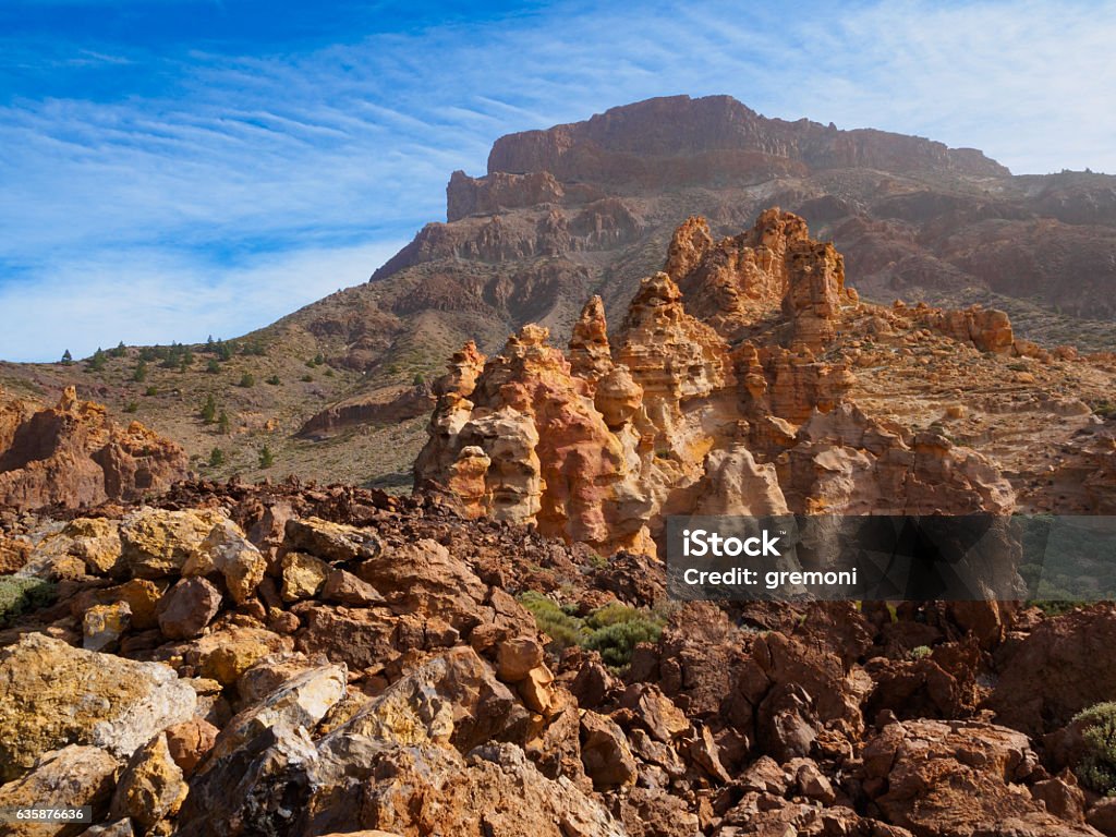 Volcanic landscape in Parque Nacional del Teide on Tenerife Surreal volcanic landscape in Parque Nacional del Teide on Tenerife, Canary islands, Spain El Teide National Park Stock Photo