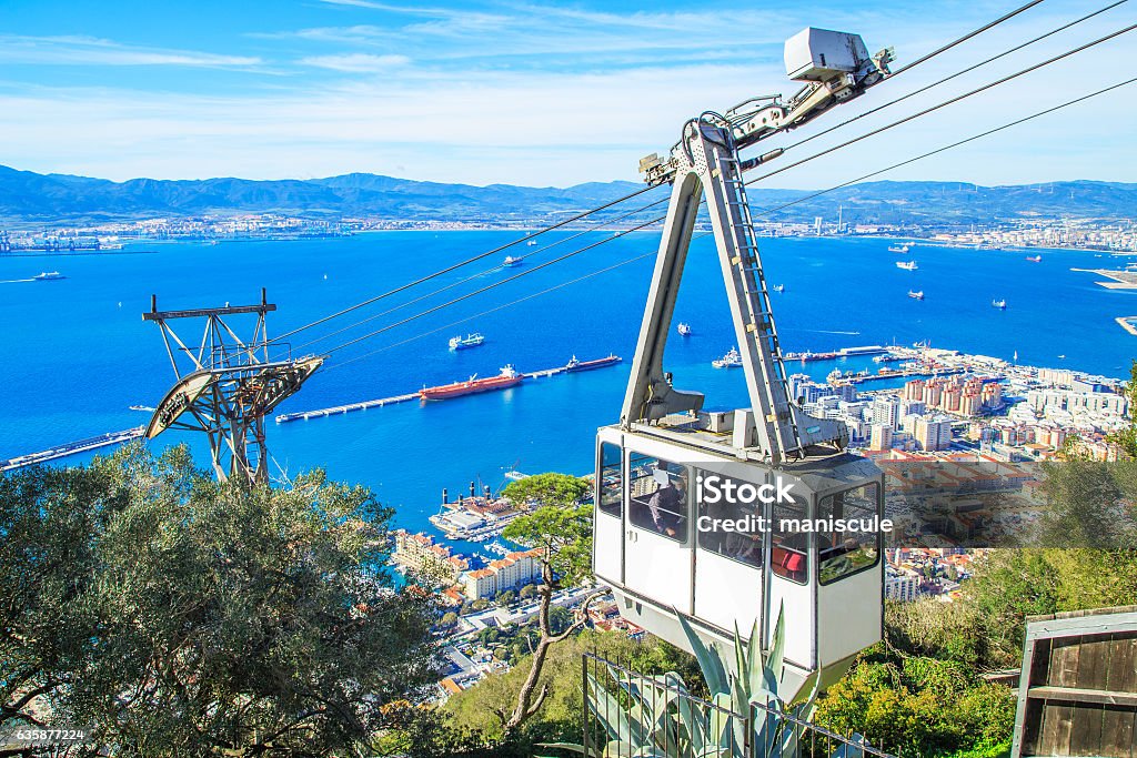 Cable car in Gibraltar. Cable car close to the top of Gibraltar rock. Cable car is a comfortable way to get to Alameda Wildlife Conservation Park in Gibraltar. Gibraltar Stock Photo