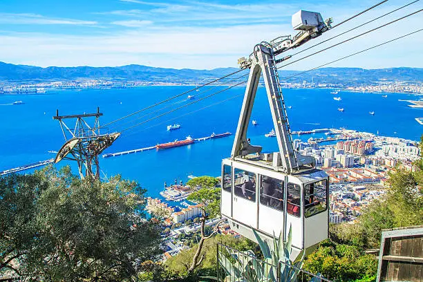 Cable car close to the top of Gibraltar rock. Cable car is a comfortable way to get to Alameda Wildlife Conservation Park in Gibraltar.