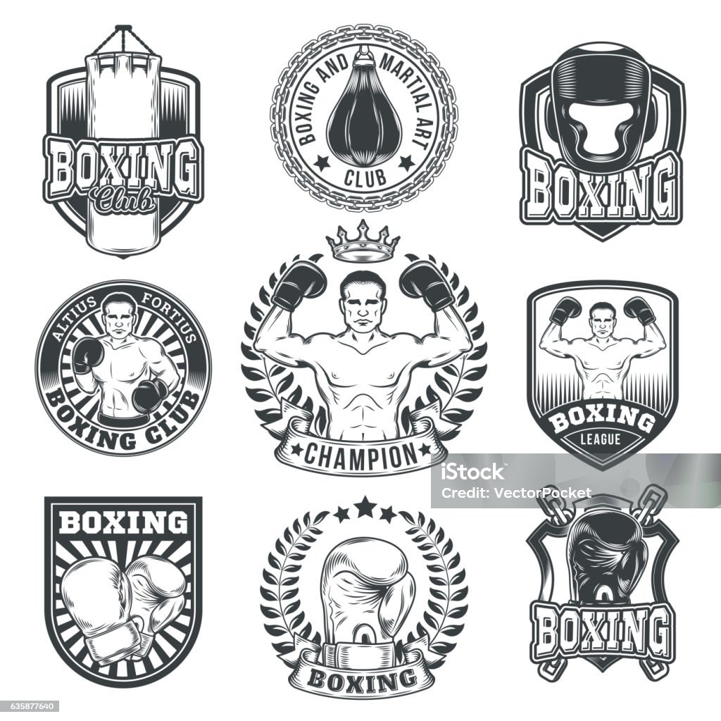 Set boxing badges, stickers isolated on white. Set of vector boxing emblems, badges, stickers isolated on white. Boxing Glove stock vector