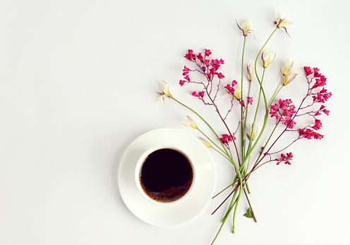 Flower and cup of coffee, composition flatlay