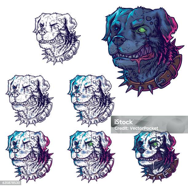 Vector Set Illustrations Of Evil Mad Dogs Stock Illustration - Download Image Now - Dog, Demon - Fictional Character, Pet Collar