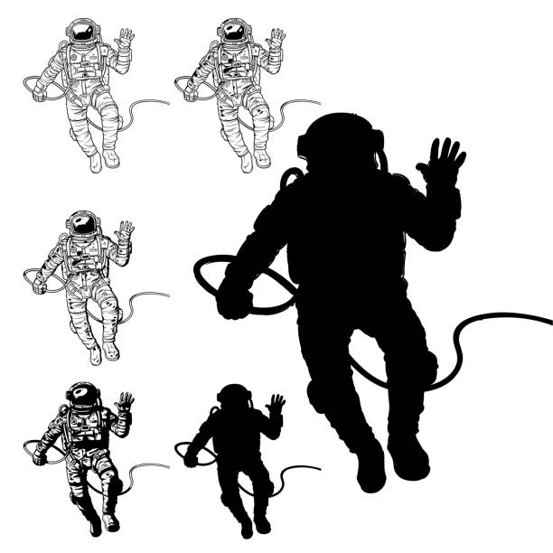 Vector set of illustrations cosmonauts Vector set of illustrations cosmonauts, astronauts on a white background. Print for T-shirts space suit stock illustrations