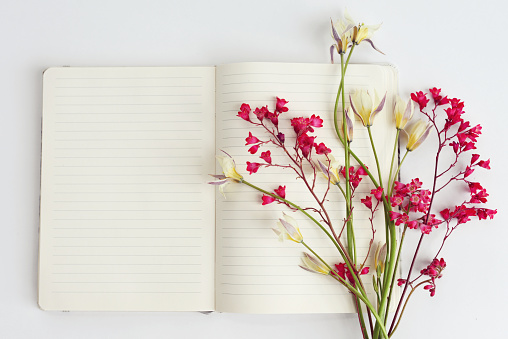 Flower and Notebook, composition flatlay