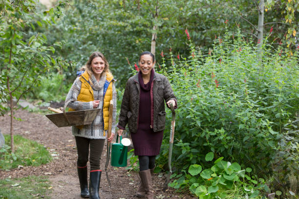 istock Two Friends Walking in Garden and Chatting 635887226