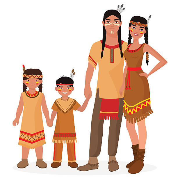 아메리카 원주민 인도 전통 가족.   남자와 여자.   소년 소녀 - chieftain tank stock illustrations