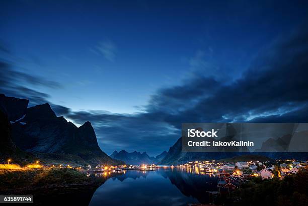 Sunset Time Reine Village Lofoten Islands Norway Stock Photo - Download Image Now - Autumn, Blue, Coastline