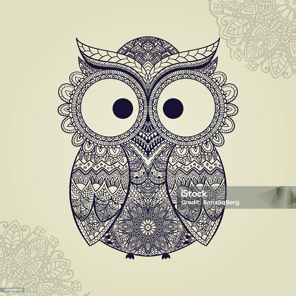 Vector illustration of owl. Bird illustrated in tribal. whith Vector illustration of owl. Bird illustrated in tribal.Owl whith flowers on light background. Shaped and ornamental owl. Abstract stock vector