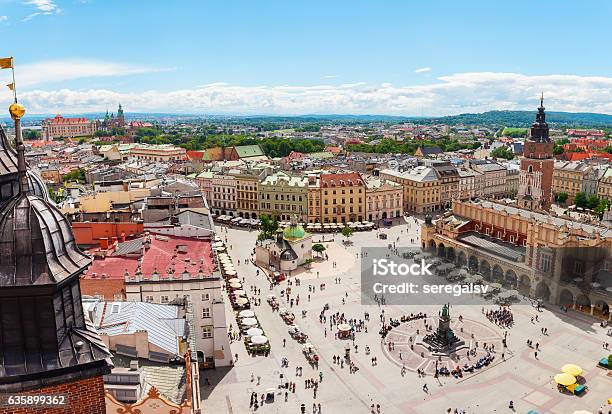 Aerial View On The Central Square And Sukiennice In Krakow Stock Photo - Download Image Now