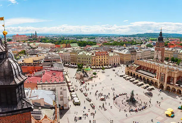 Aerial view on the central square and Sukiennice in Krakow. Market Square from the tower of the church of St. Mary. Poland. Cloth Hall.