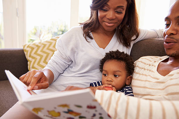 istock Parents And Son Reading Book On Sofa At Home Together 635899444