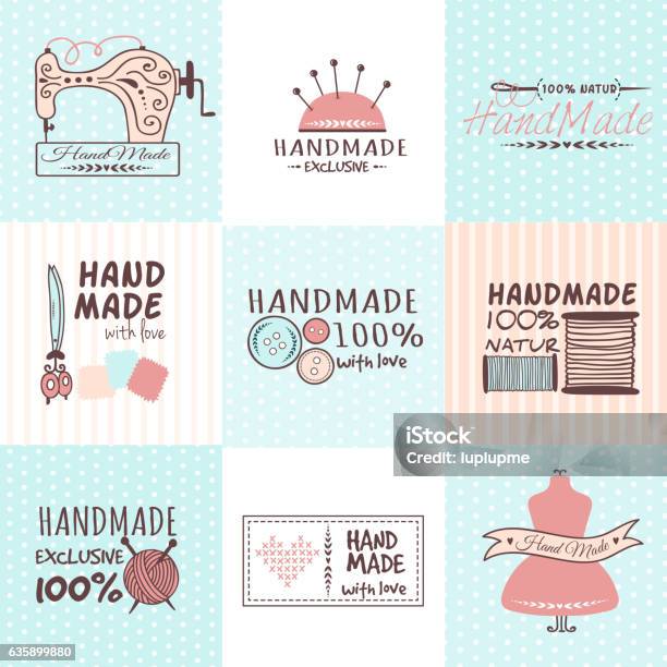 Handmade Needlework Badges Vector Set Stock Illustration - Download Image Now - Sewing, Fashion, Stitching