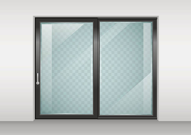 Contemporary sliding door Modern wide sliding door with transparent glass. Vector graphics. The interior of the room. windows and patio door stock illustrations