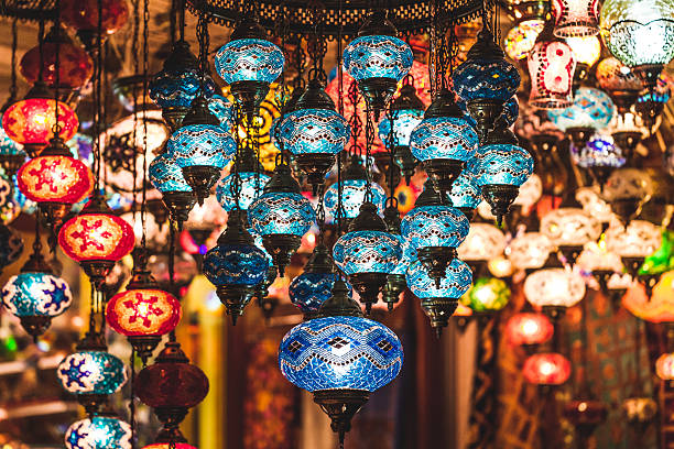 Amazing traditional handmade turkish lamps in souvenir shop stock photo