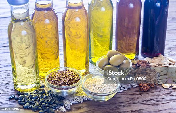 Bottles With Different Kinds Of Vegetable Oil Stock Photo - Download Image Now - Cooking Oil, Fat - Nutrient, Healthy Eating