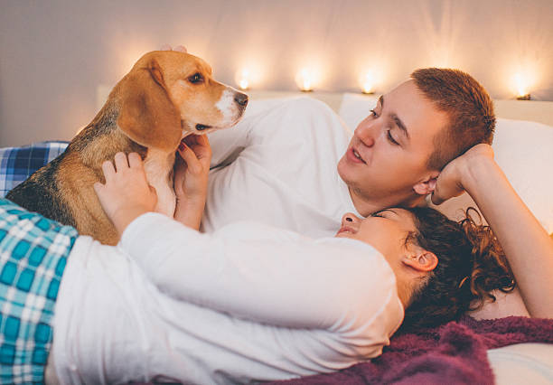 istock Young couple relaxing on the bed with her pet dog 635904042
