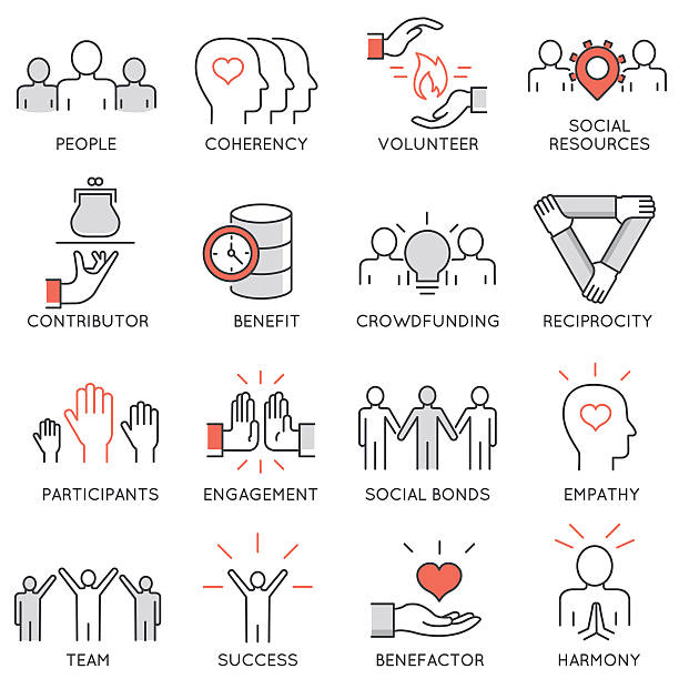 Altruism, benevolence, human responsible and beneficence icons Vector set of 16 thin icons related to altruism, benevolence, human responsible and beneficence. Altruism, Benevolence Icons. Mono line pictograms and infographics design elements contributor stock illustrations