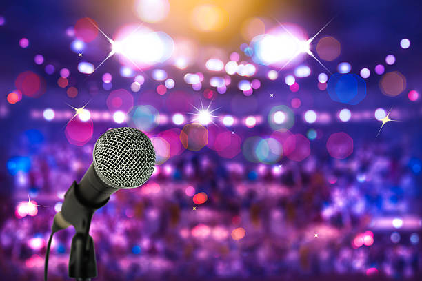 close up microphone  on stage in concert hall. - dynamic microphone imagens e fotografias de stock