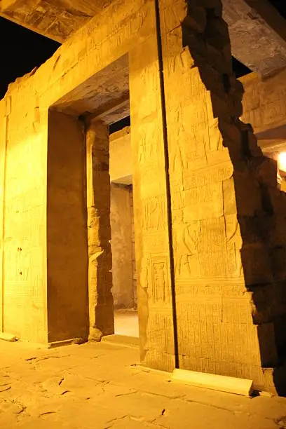 The Egyptian temple at Komombo illuminated at night.