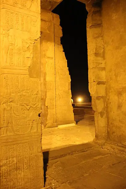 The Egyptian temple at Komombo illuminated at night.