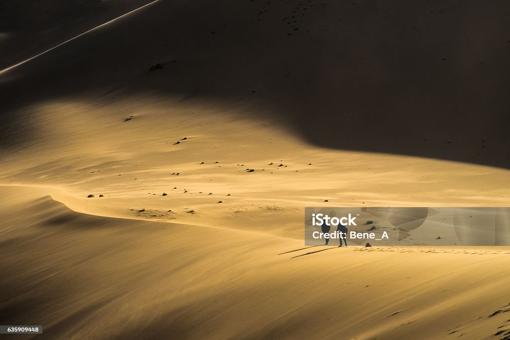 Walking a sand dune Two men walk up a giant sand dune in the Gobi Desert, Mongolia. Desert Area Stock Photo