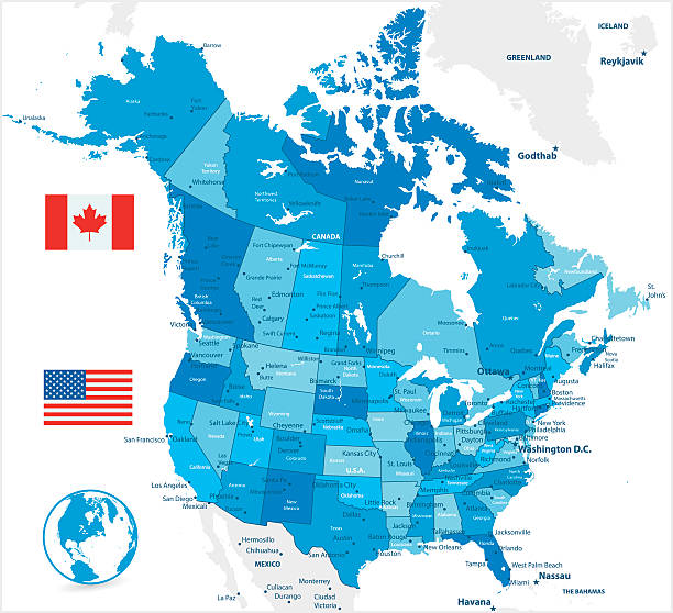 illustrazioni stock, clip art, cartoni animati e icone di tendenza di usa e canada grande mappa blu dettagliata - north american