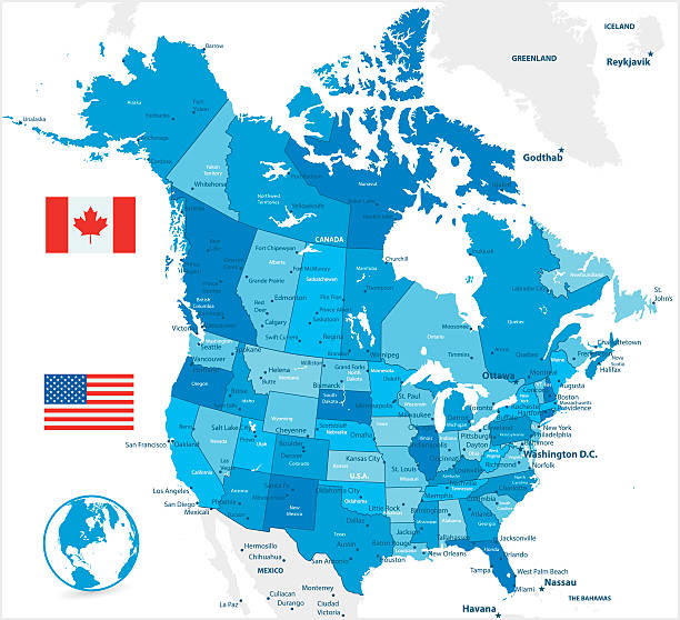 미국과 캐나다 대형 상세 파란색 지도 - canadian flag illustrations stock illustrations